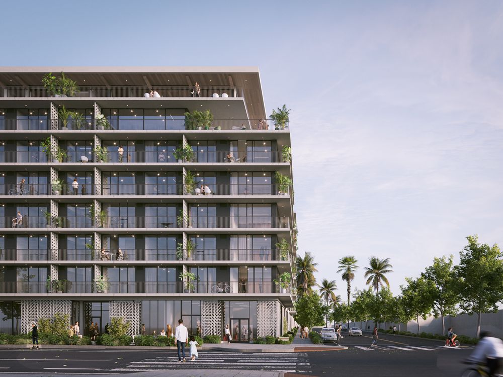 ALÜM exterior rendering with planted balconies above the corner storefront.