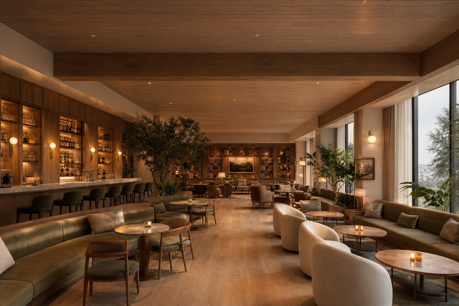 Rendering of Panorama Bar: a timber ceiling, illuminated bar shelves and lounge seating beside tall windows